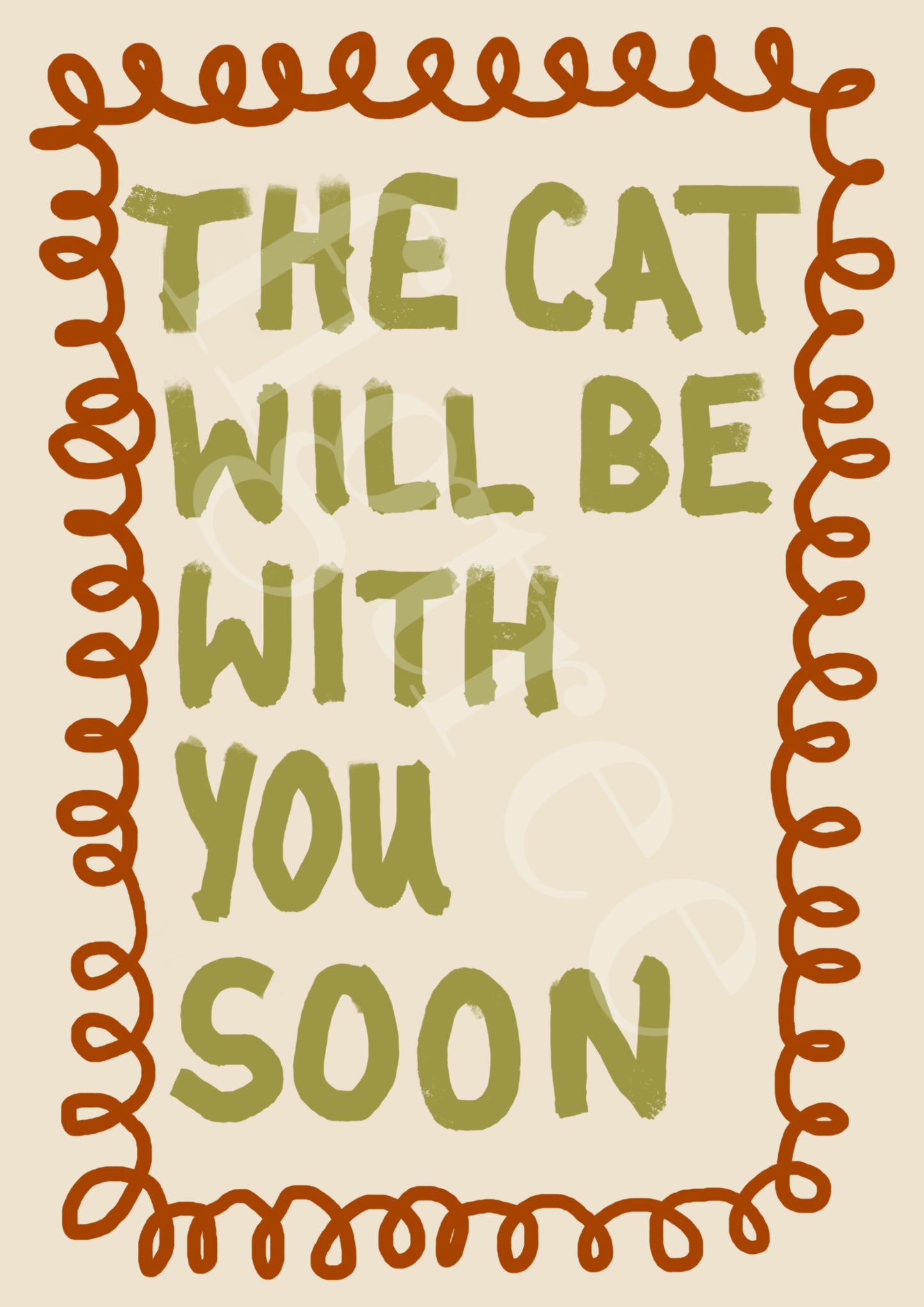 The Cat Will Be With You Soon Wall Print - Green, Singular Cat