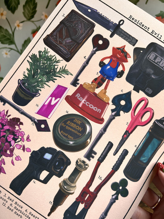 Resident Evil 2 Remake Items Print, Leon Kennedy, A4/A5