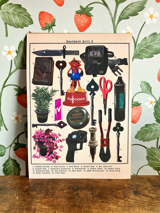Resident Evil 2 Remake Items Print, Leon Kennedy, A4/A5